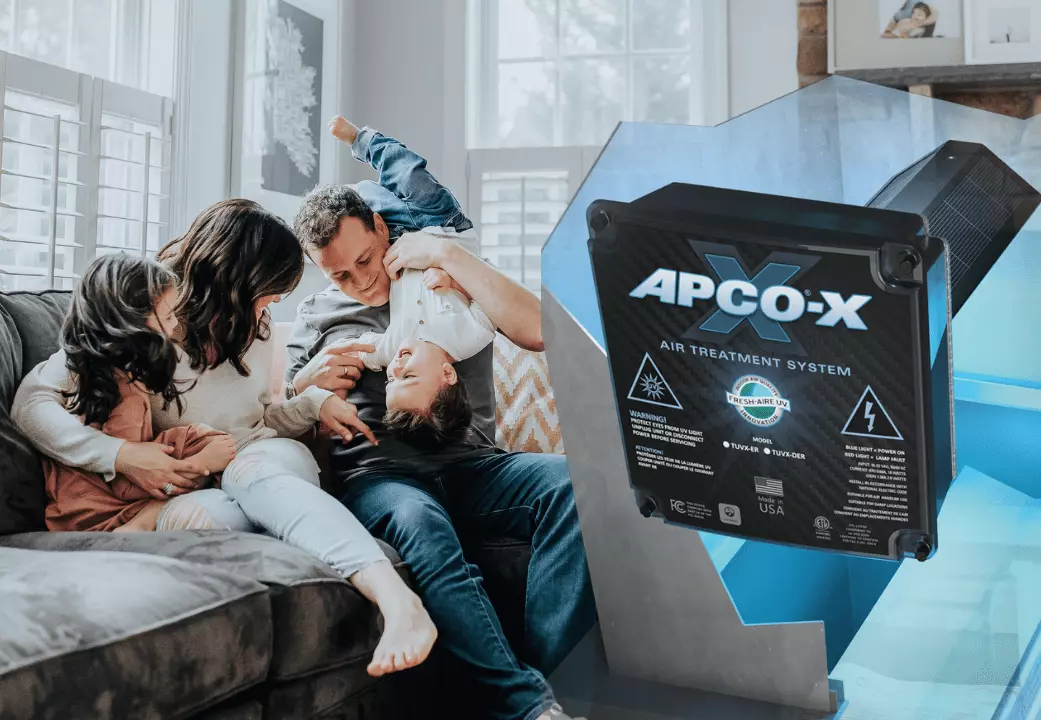 Family on couch with APCO-X item overlayed